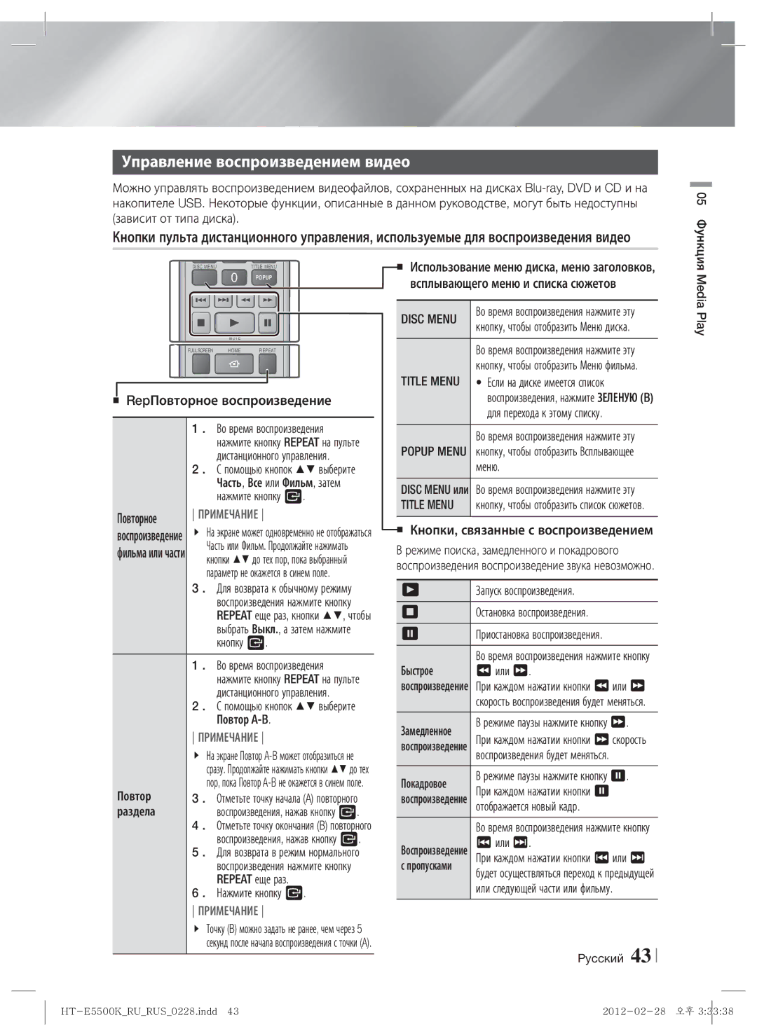 Samsung HT-E5550K/RU manual Управление воспроизведением видео, Disc Menu, Title Menu 