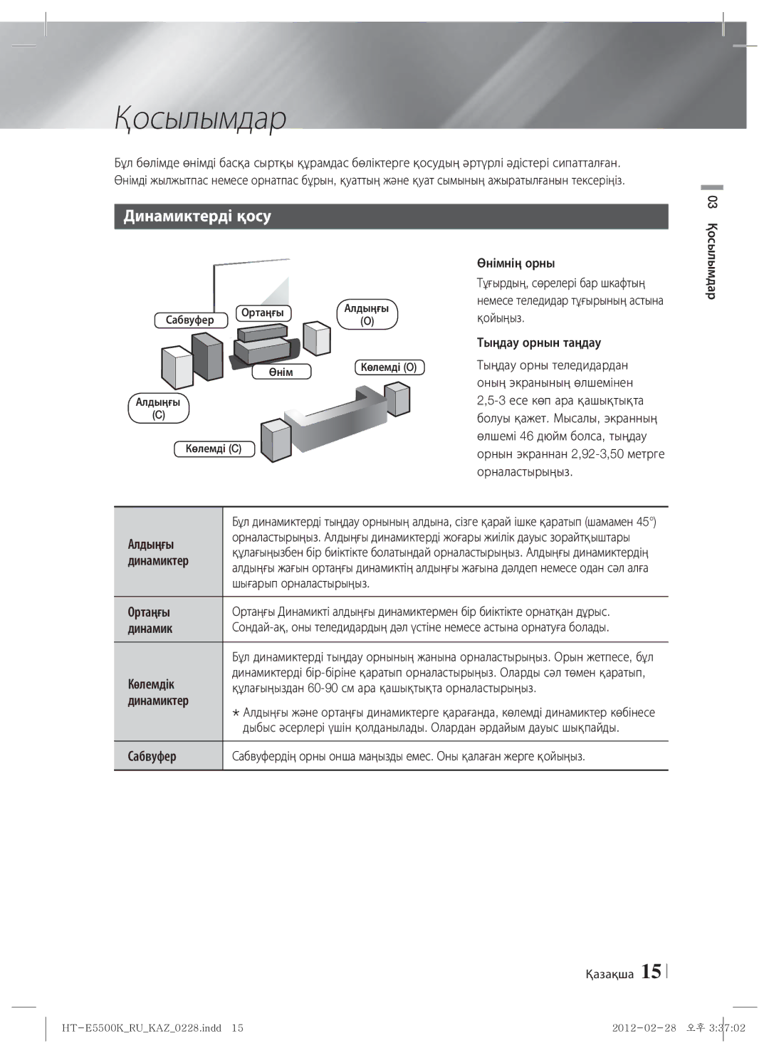 Samsung HT-E5550K/RU manual Қосылымдар, Динамиктерді қосу 