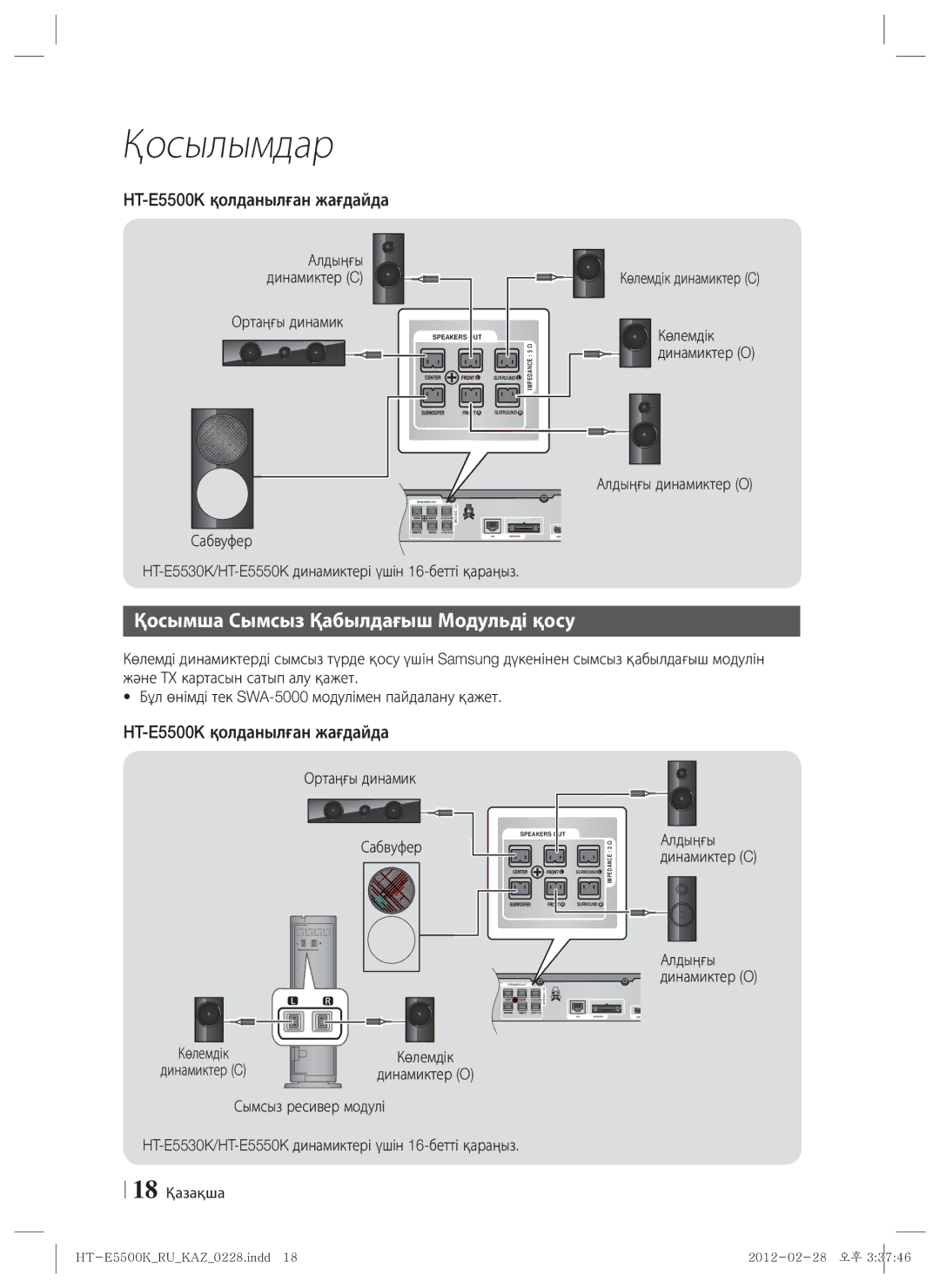 Samsung HT-E5550K/RU manual Қосымша Сымсыз Қабылдағыш Модульді қосу, HT-E5500K қолданылған жағдайда, Ортаңғы динамик 