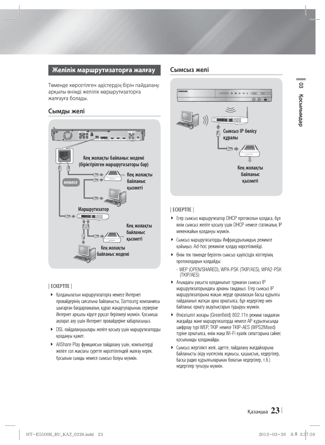 Samsung HT-E5550K/RU manual Сымды желі, Кең жолақты байланыс модемі, Маршрутизатор, Кең жолақты Байланыс Қызметі 