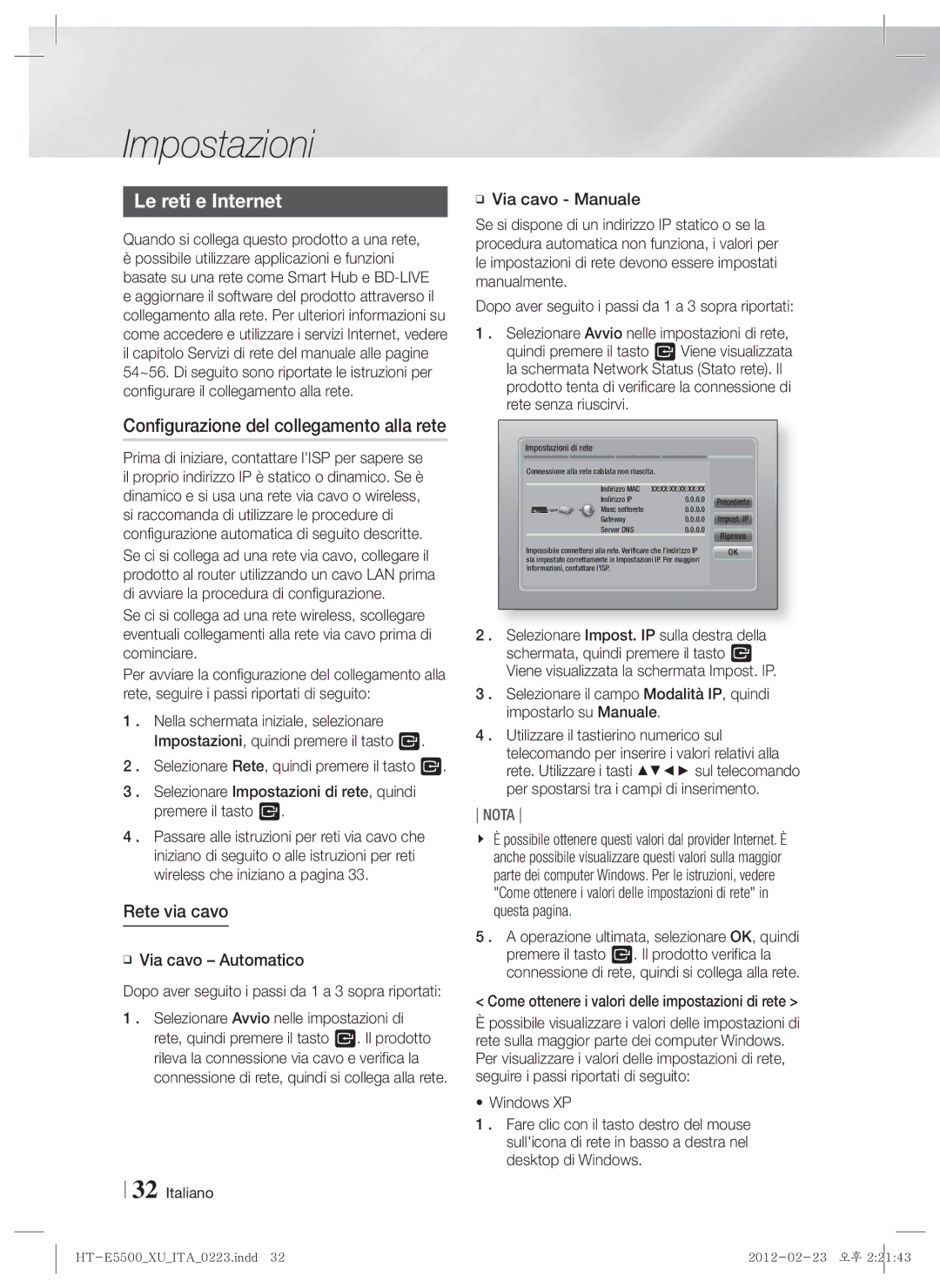 Samsung HT-E5530/ZF, HT-E5550/ZF, HT-E5500/ZF Le reti e Internet, Configurazione del collegamento alla rete, Rete via cavo 