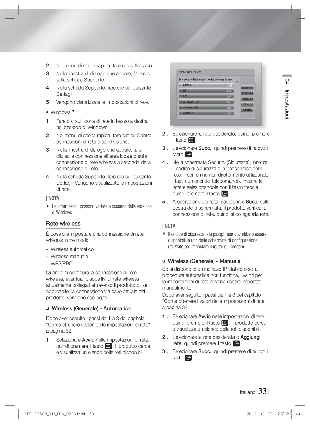 Samsung HT-E5500/ZF, HT-E5550/ZF, HT-E5530/ZF manual Rete wireless, Wpspbc 