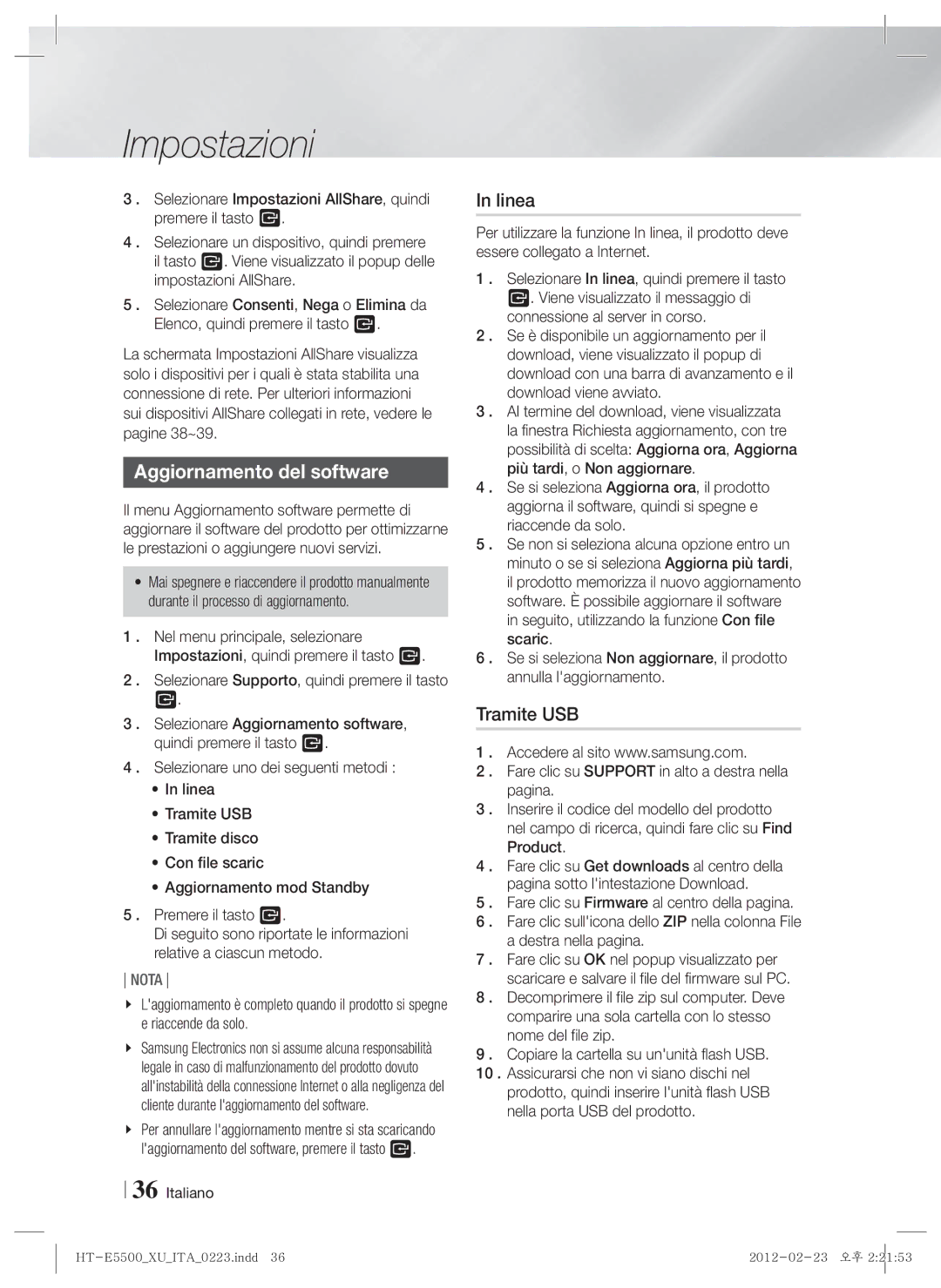 Samsung HT-E5500/ZF, HT-E5550/ZF, HT-E5530/ZF manual Aggiornamento del software, Linea, Tramite USB, Destra nella pagina 