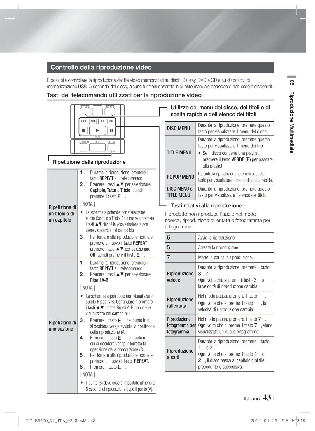 Samsung HT-E5550/ZF manual Controllo della riproduzione video, Tasti del telecomando utilizzati per la riproduzione video 