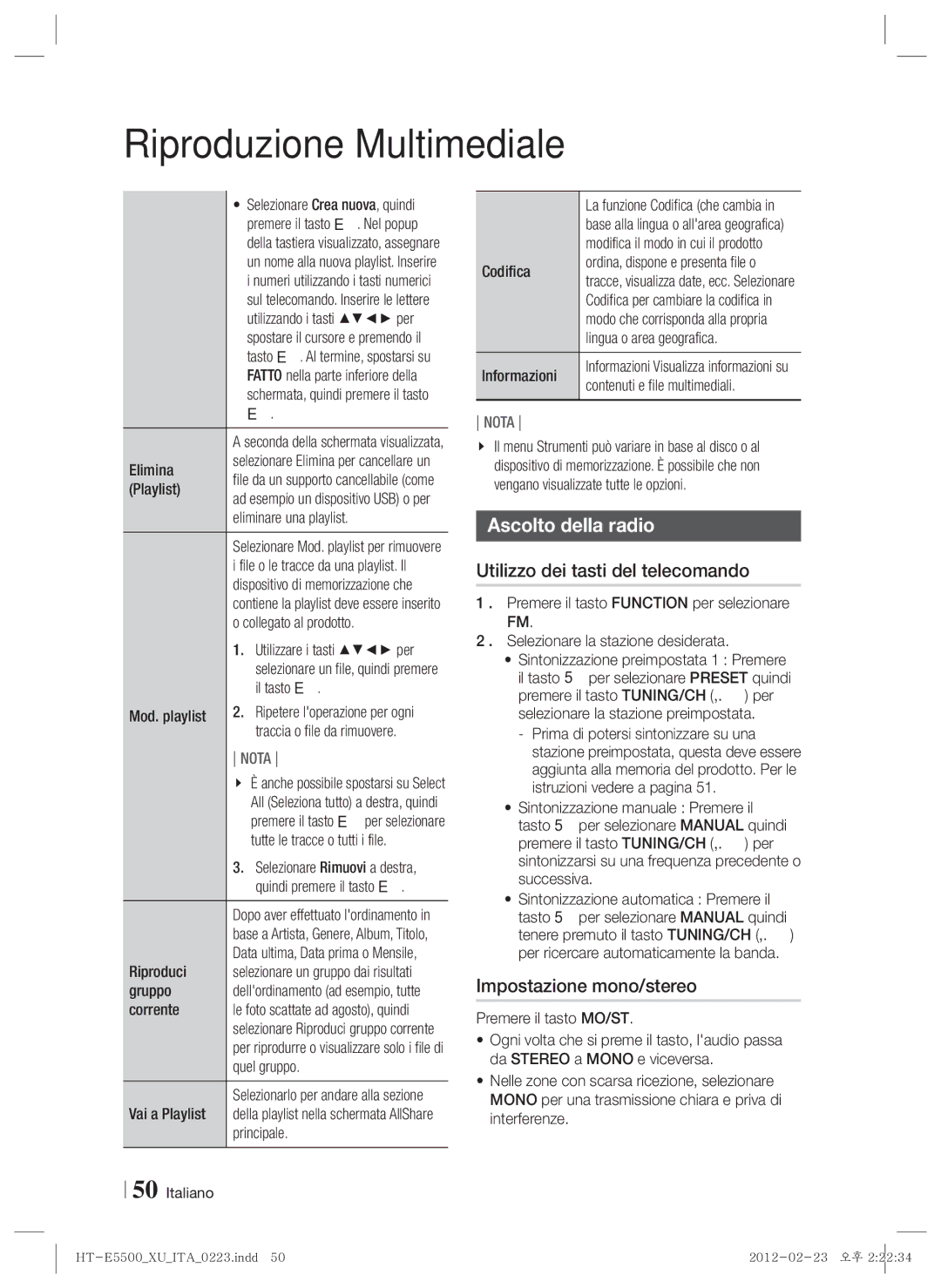 Samsung HT-E5530/ZF, HT-E5550/ZF manual Ascolto della radio, Utilizzo dei tasti del telecomando, Impostazione mono/stereo 