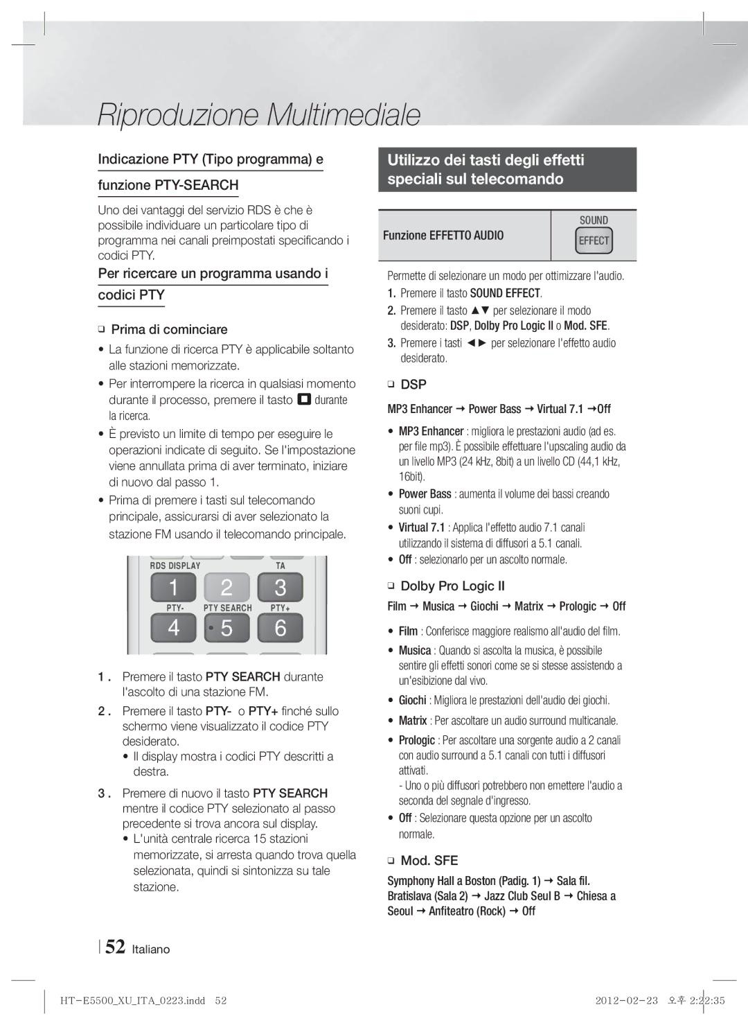 Samsung HT-E5550/ZF, HT-E5530/ZF, HT-E5500/ZF manual Utilizzo dei tasti degli effetti Speciali sul telecomando 