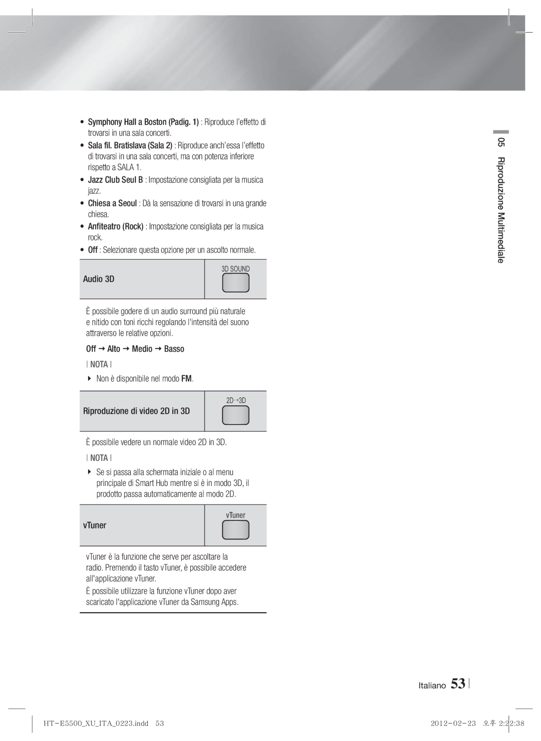 Samsung HT-E5530/ZF, HT-E5550/ZF, HT-E5500/ZF manual Off  Alto  Medio  Basso, Riproduzione Multimediale Italiano 