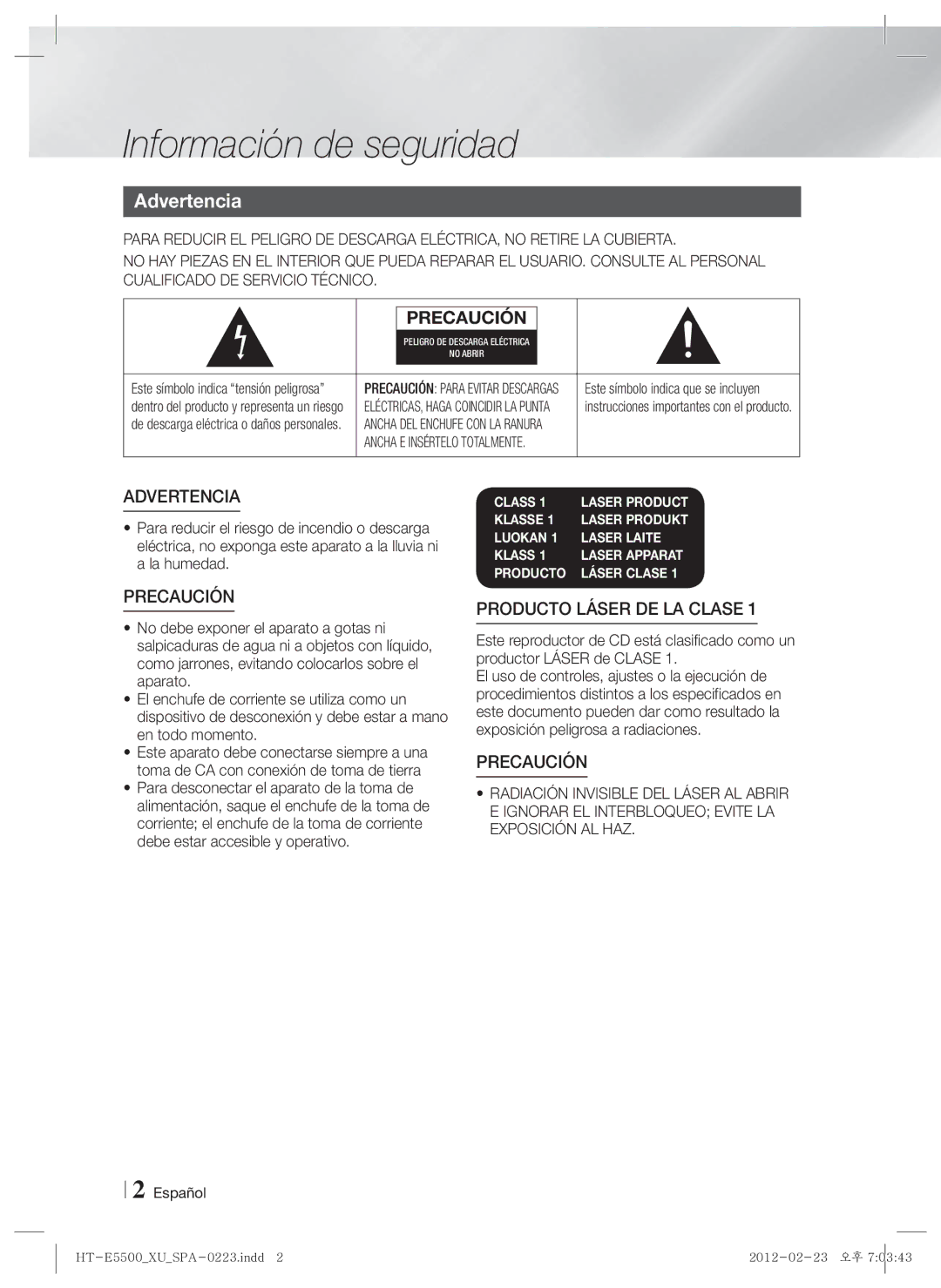 Samsung HT-E5550/ZF, HT-E5530/ZF, HT-E5500/ZF manual Información de seguridad, Advertencia, Español 