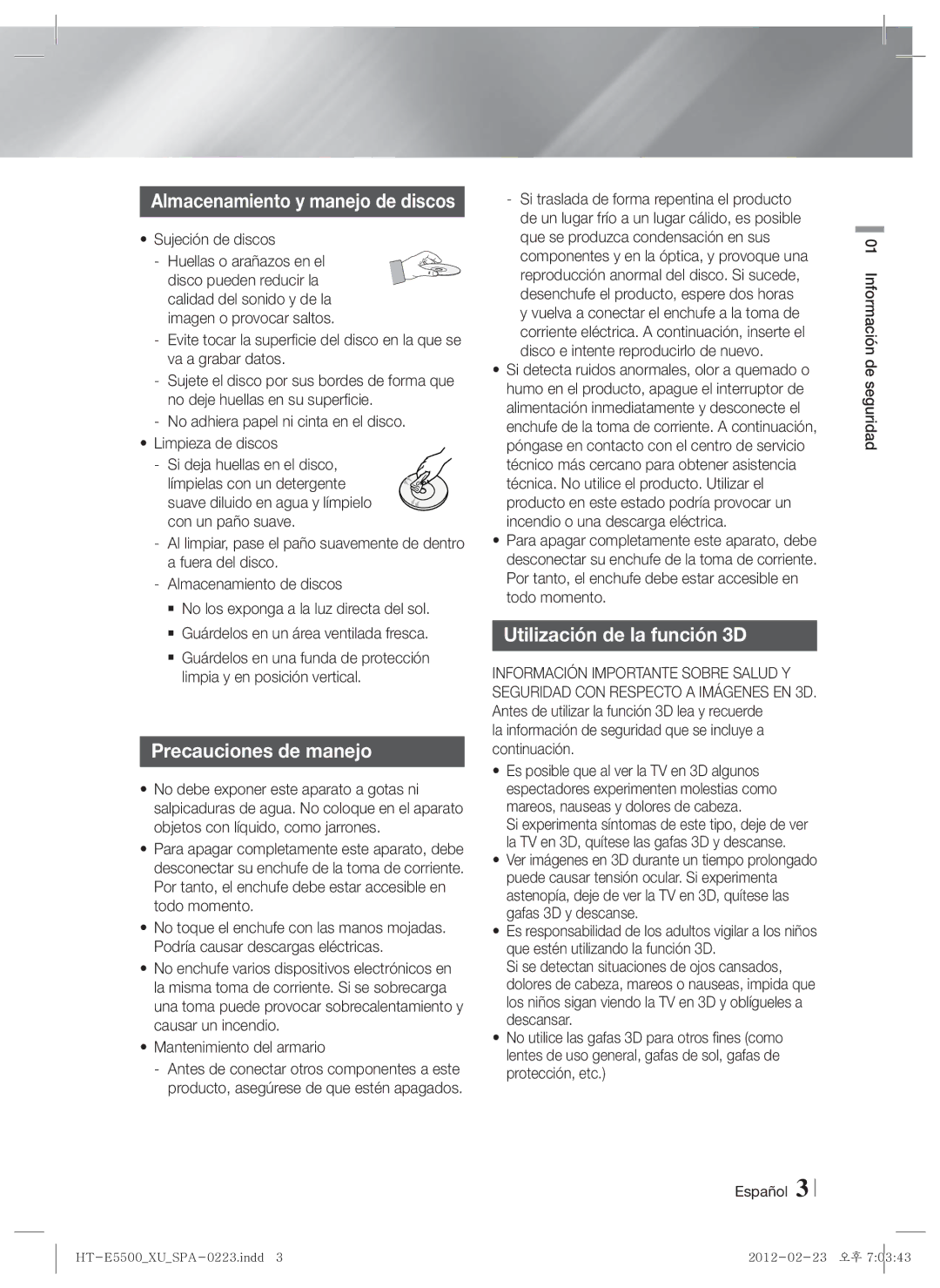 Samsung HT-E5530/ZF, HT-E5550/ZF, HT-E5500/ZF manual Precauciones de manejo, Utilización de la función 3D, Sujeción de discos 