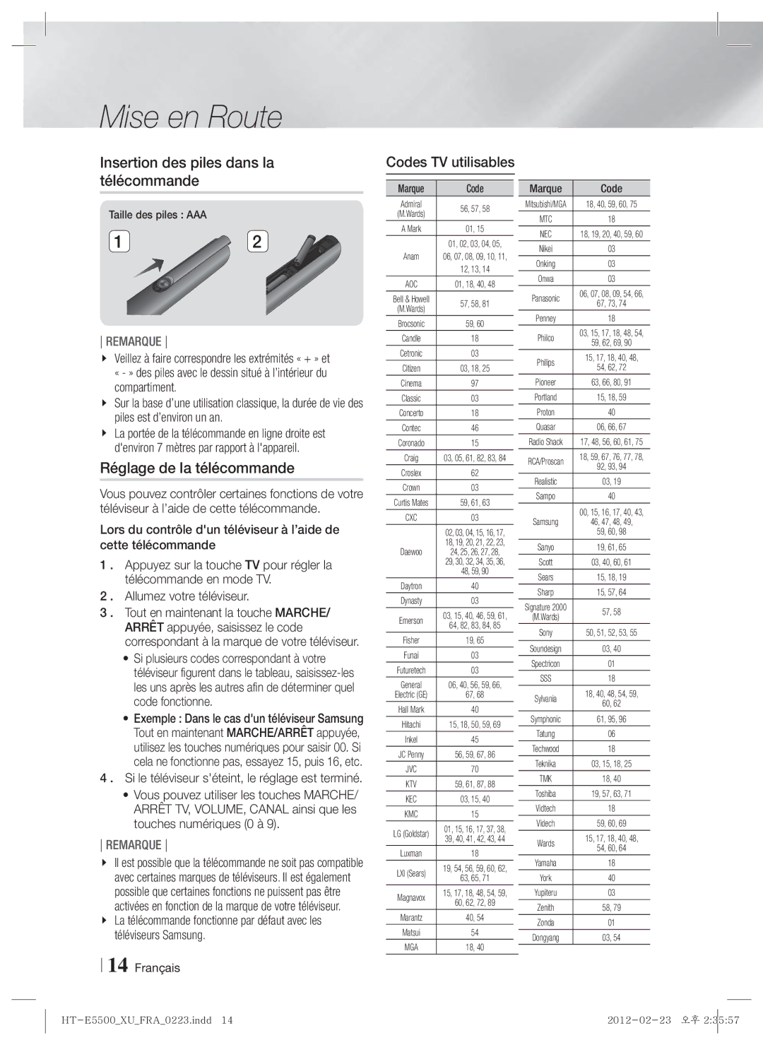 Samsung HT-E5500/ZF manual Insertion des piles dans la télécommande, Réglage de la télécommande, Codes TV utilisables 