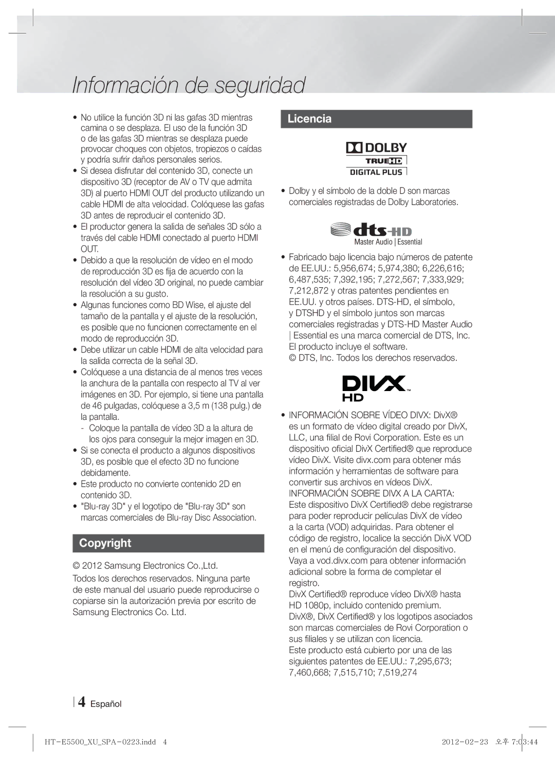 Samsung HT-E5500/ZF, HT-E5550/ZF, HT-E5530/ZF manual Copyright, Licencia 