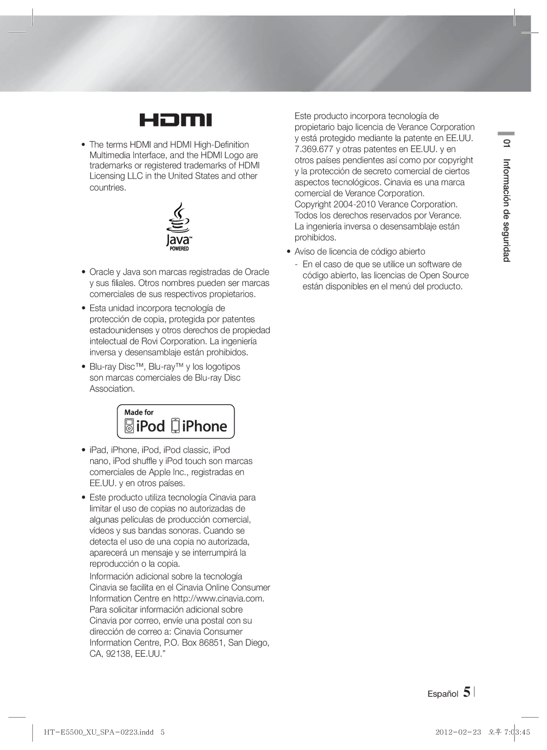 Samsung HT-E5550/ZF, HT-E5530/ZF, HT-E5500/ZF manual Aviso de licencia de código abierto 