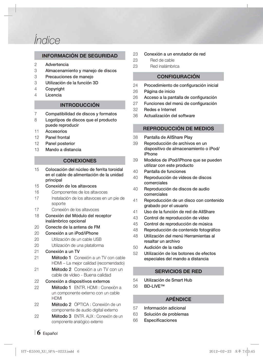 Samsung HT-E5530/ZF manual Índice, Conexión a un enrutador de red Red de cable Red inalámbrica, Utilización de Smart Hub 