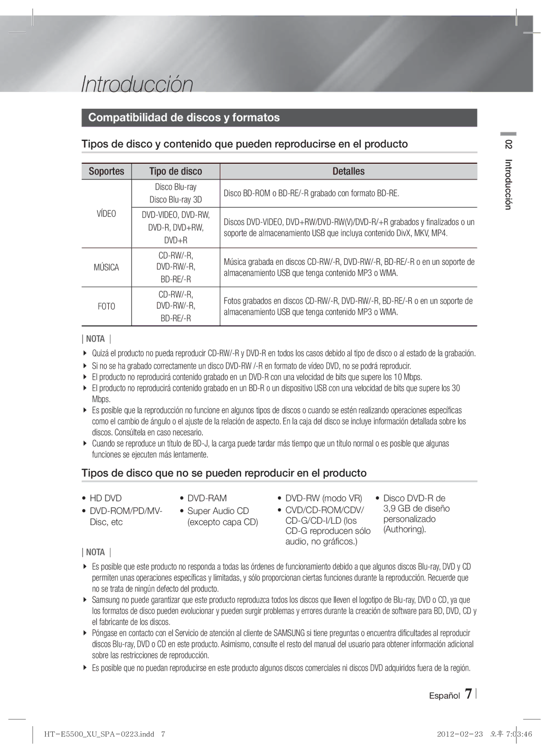 Samsung HT-E5500/ZF, HT-E5550/ZF, HT-E5530/ZF Introducción, Compatibilidad de discos y formatos, Tipo de disco Detalles 