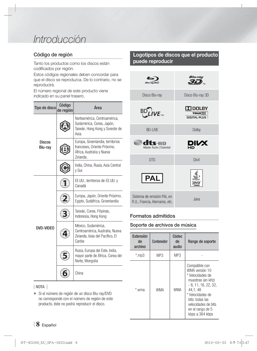 Samsung HT-E5550/ZF manual Código de región, Logotipos de discos que el producto Puede reproducir, Formatos admitidos 