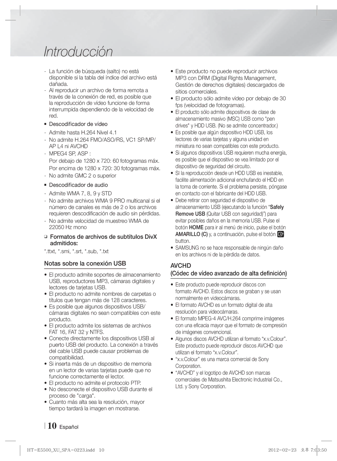 Samsung HT-E5500/ZF, HT-E5550/ZF, HT-E5530/ZF manual Notas sobre la conexión USB, Códec de vídeo avanzado de alta definición 