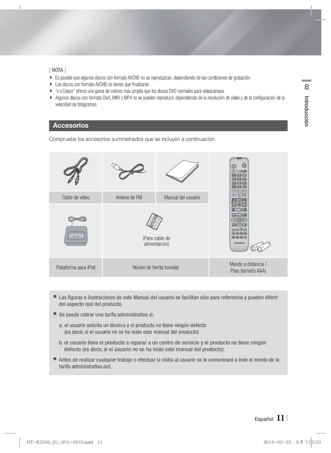 Samsung HT-E5550/ZF, HT-E5530/ZF manual Accesorios, Manual del usuario, Núcleo de ferrita toroidal, Introducción Español 