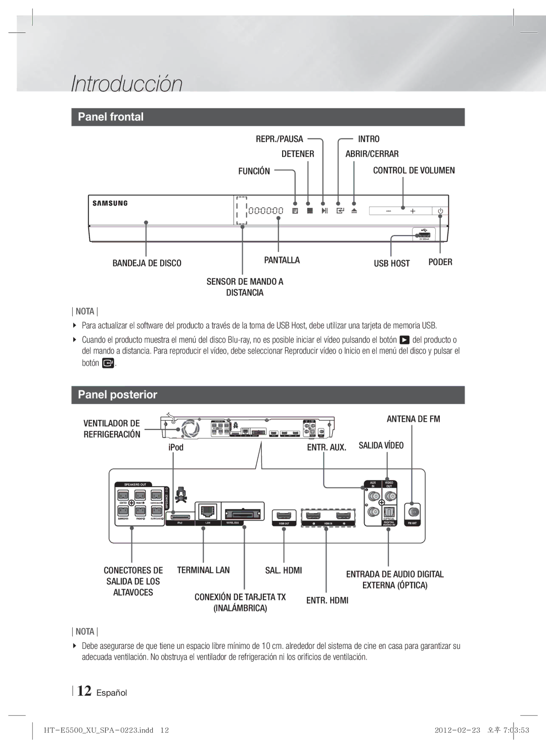 Samsung HT-E5530/ZF, HT-E5550/ZF, HT-E5500/ZF manual Panel frontal, Panel posterior 