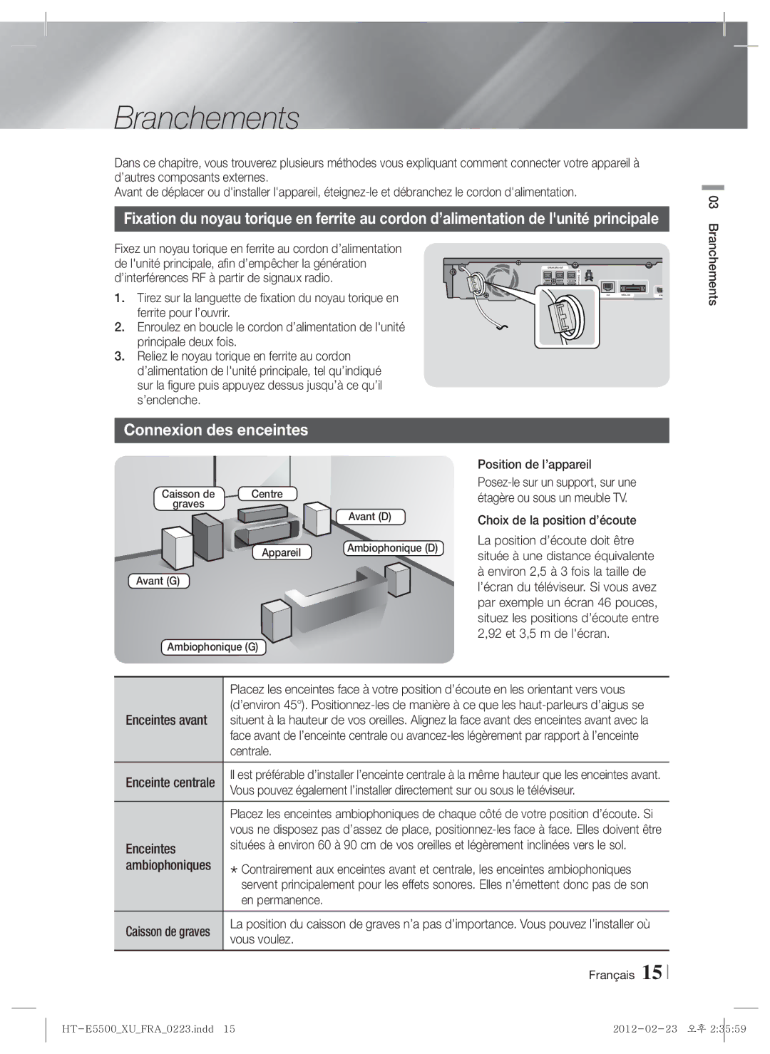 Samsung HT-E5550/ZF, HT-E5530/ZF, HT-E5500/ZF manual Branchements, Connexion des enceintes 