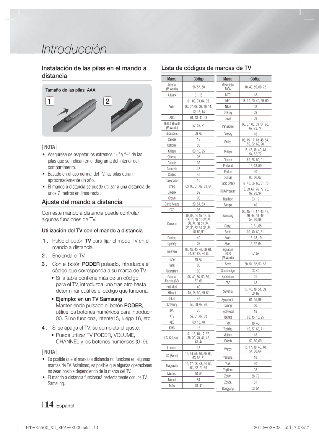 Samsung HT-E5550/ZF, HT-E5530/ZF manual Instalación de las pilas en el mando a distancia, Ajuste del mando a distancia 