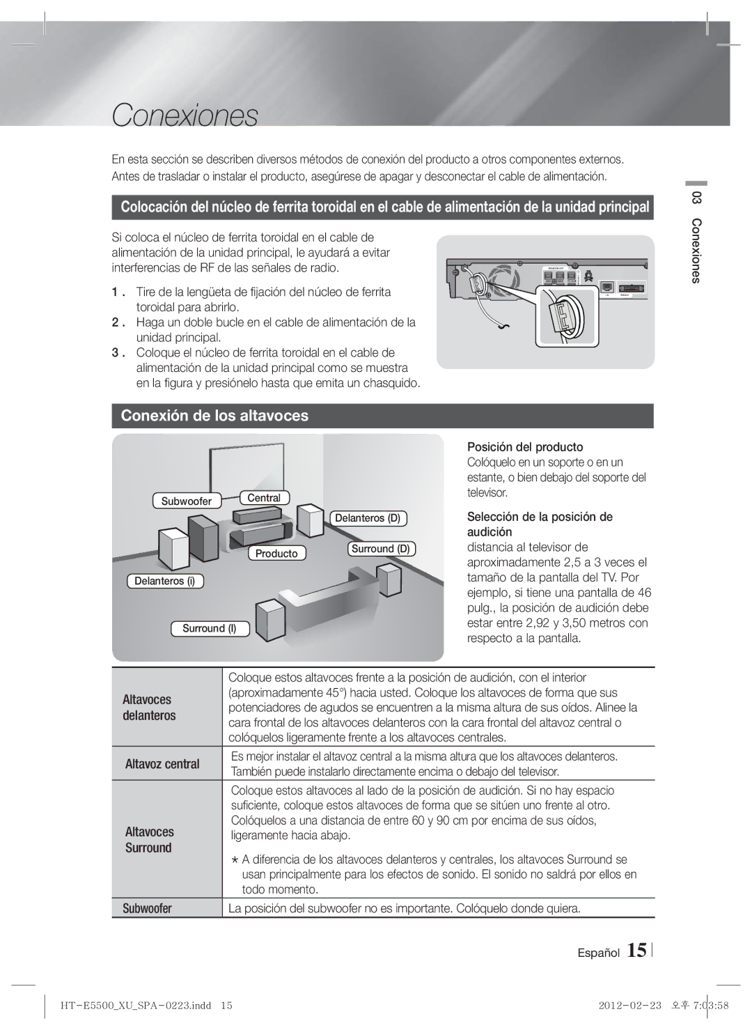 Samsung HT-E5530/ZF manual Conexiones, Conexión de los altavoces, Altavoz central Altavoces Surround, Altavoces delanteros 