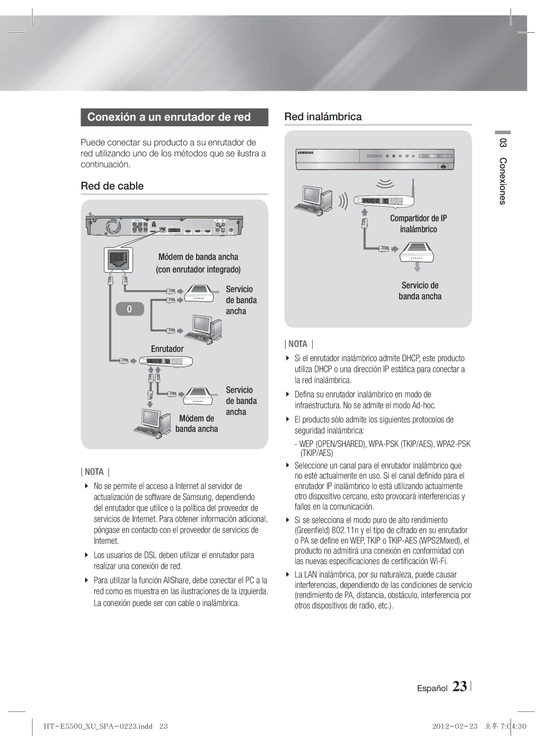 Samsung HT-E5550/ZF, HT-E5530/ZF, HT-E5500/ZF manual Conexión a un enrutador de red, Red de cable, Ancha, Enrutador 