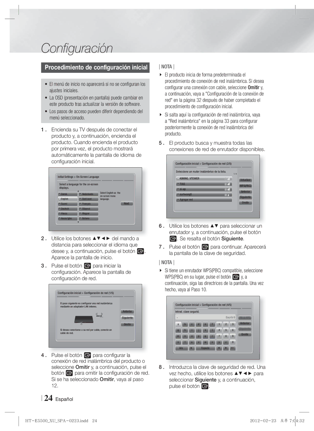 Samsung HT-E5530/ZF, HT-E5550/ZF, HT-E5500/ZF manual Configuración, Procedimiento de configuración inicial 