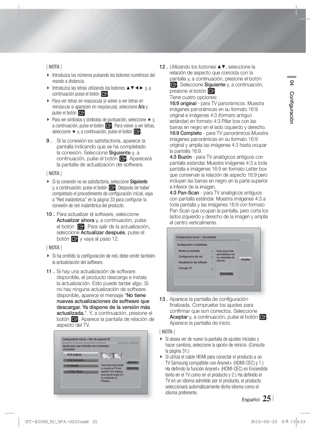 Samsung HT-E5500/ZF, HT-E5550/ZF, HT-E5530/ZF manual Español Configuración 