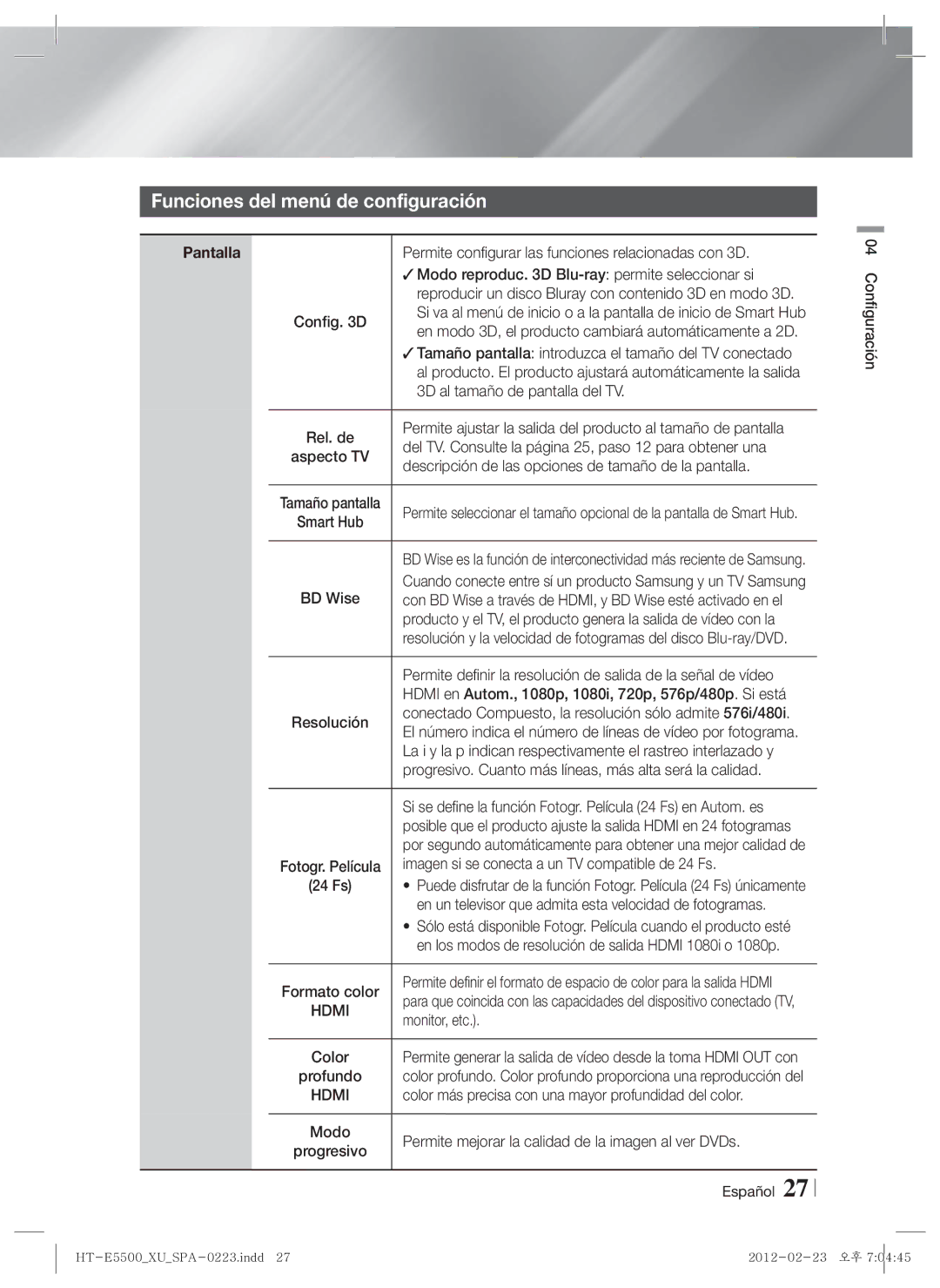 Samsung HT-E5530/ZF, HT-E5550/ZF, HT-E5500/ZF manual Funciones del menú de configuración, Pantalla 