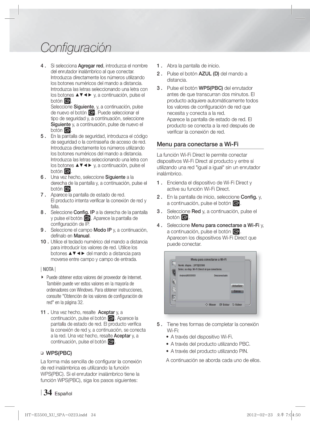 Samsung HT-E5500/ZF, HT-E5550/ZF manual Menu para conectarse a Wi-Fi, Seleccione Config. IP a la derecha de la pantalla 