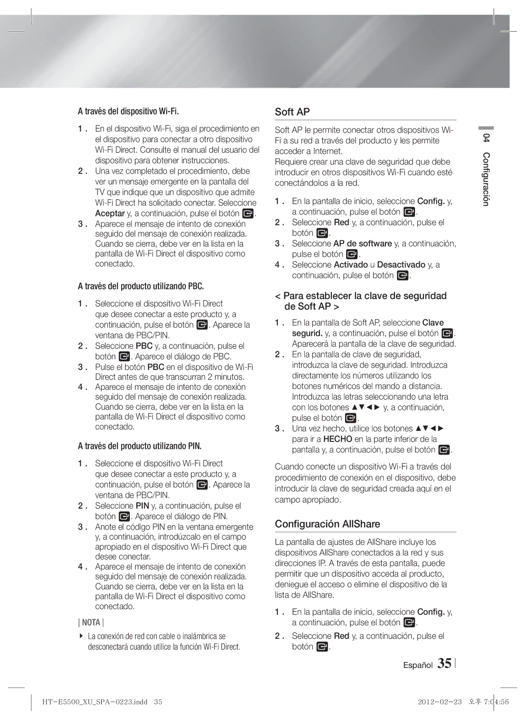 Samsung HT-E5550/ZF, HT-E5530/ZF, HT-E5500/ZF manual Configuración AllShare, Para establecer la clave de seguridad de Soft AP 