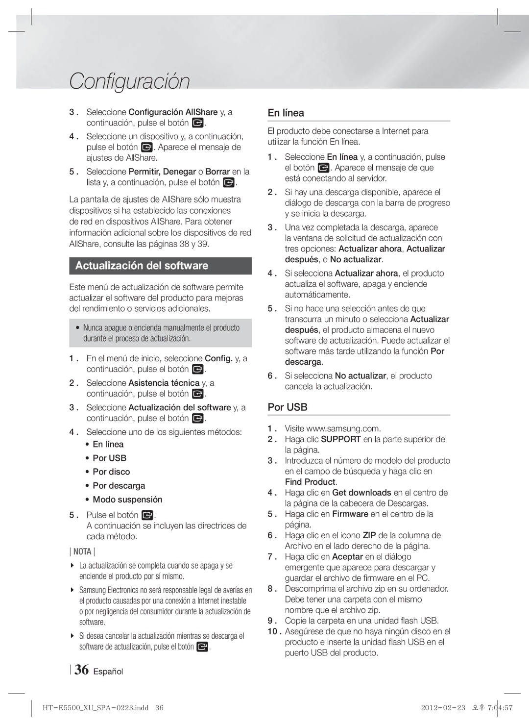 Samsung HT-E5530/ZF manual Actualización del software, En línea, Por USB, Haga clic en Firmware en el centro de la página 