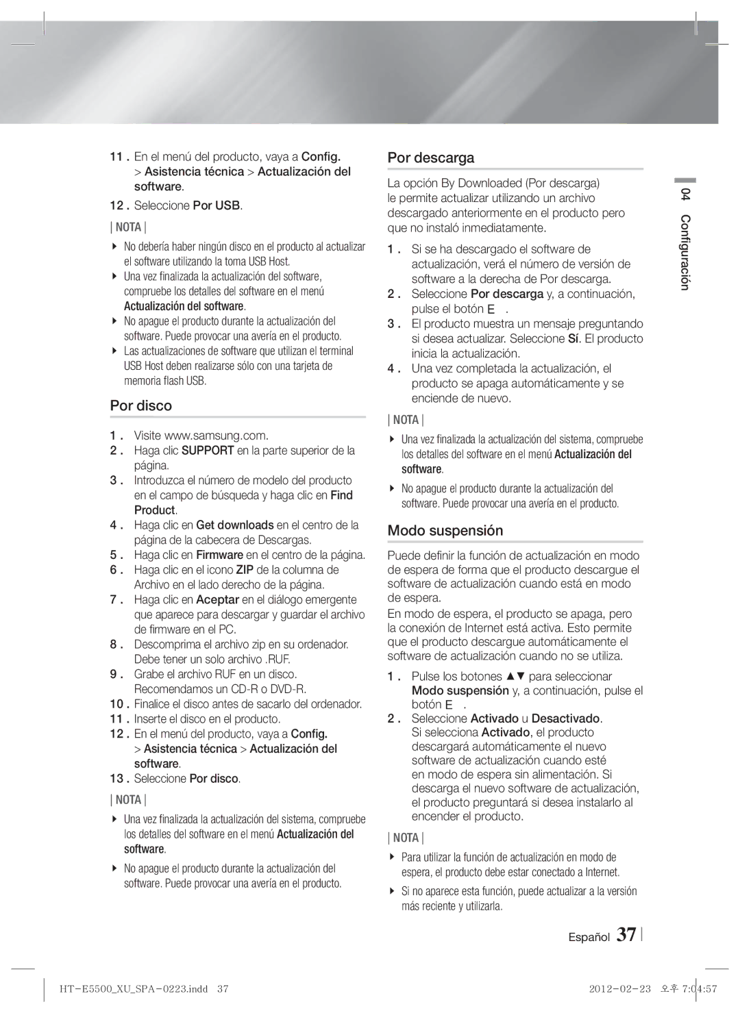 Samsung HT-E5500/ZF, HT-E5550/ZF manual Por disco, Por descarga, Modo suspensión, Archivo en el lado derecho de la página 