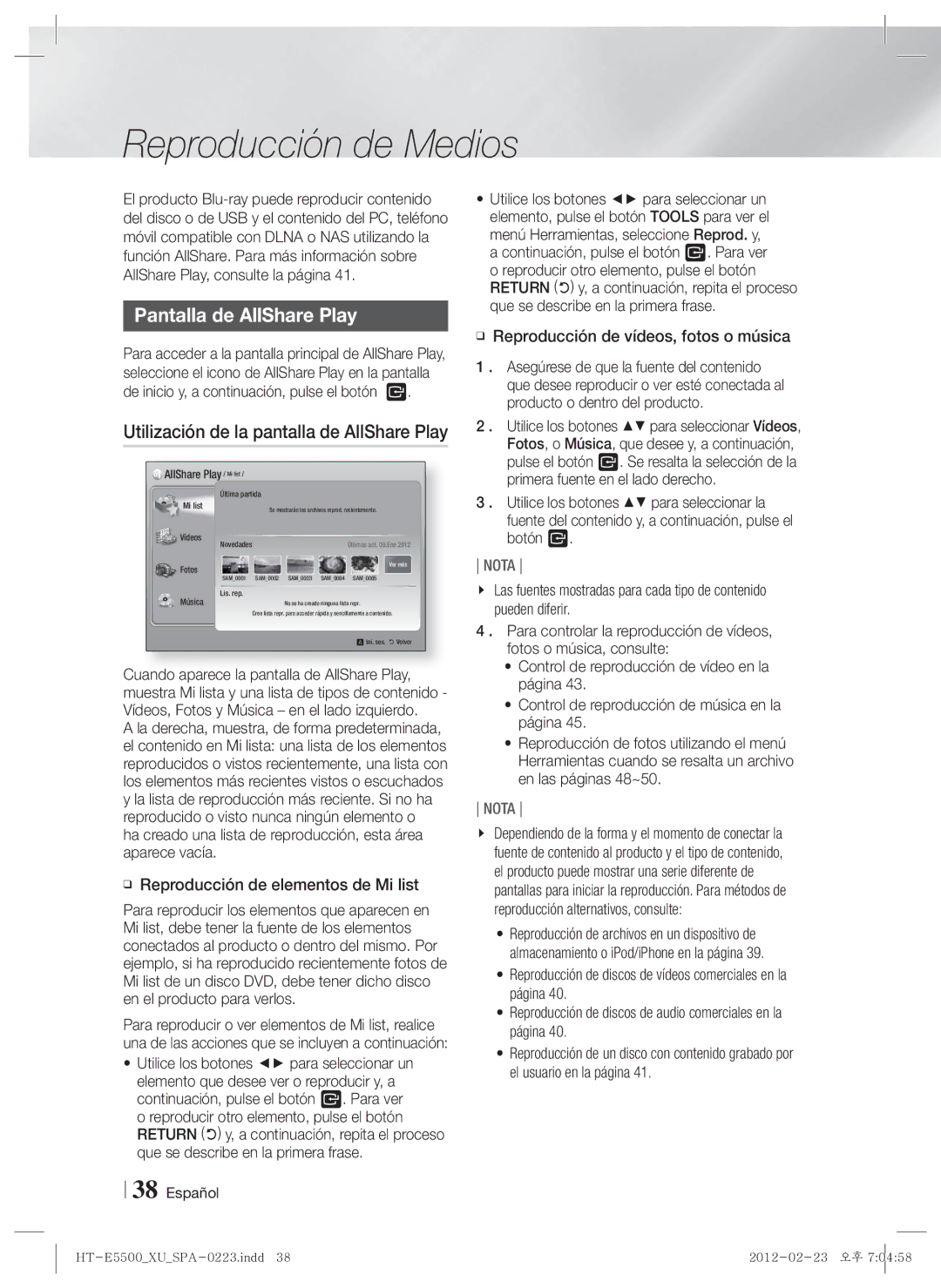 Samsung HT-E5550/ZF manual Reproducción de Medios, Pantalla de AllShare Play, Utilización de la pantalla de AllShare Play 