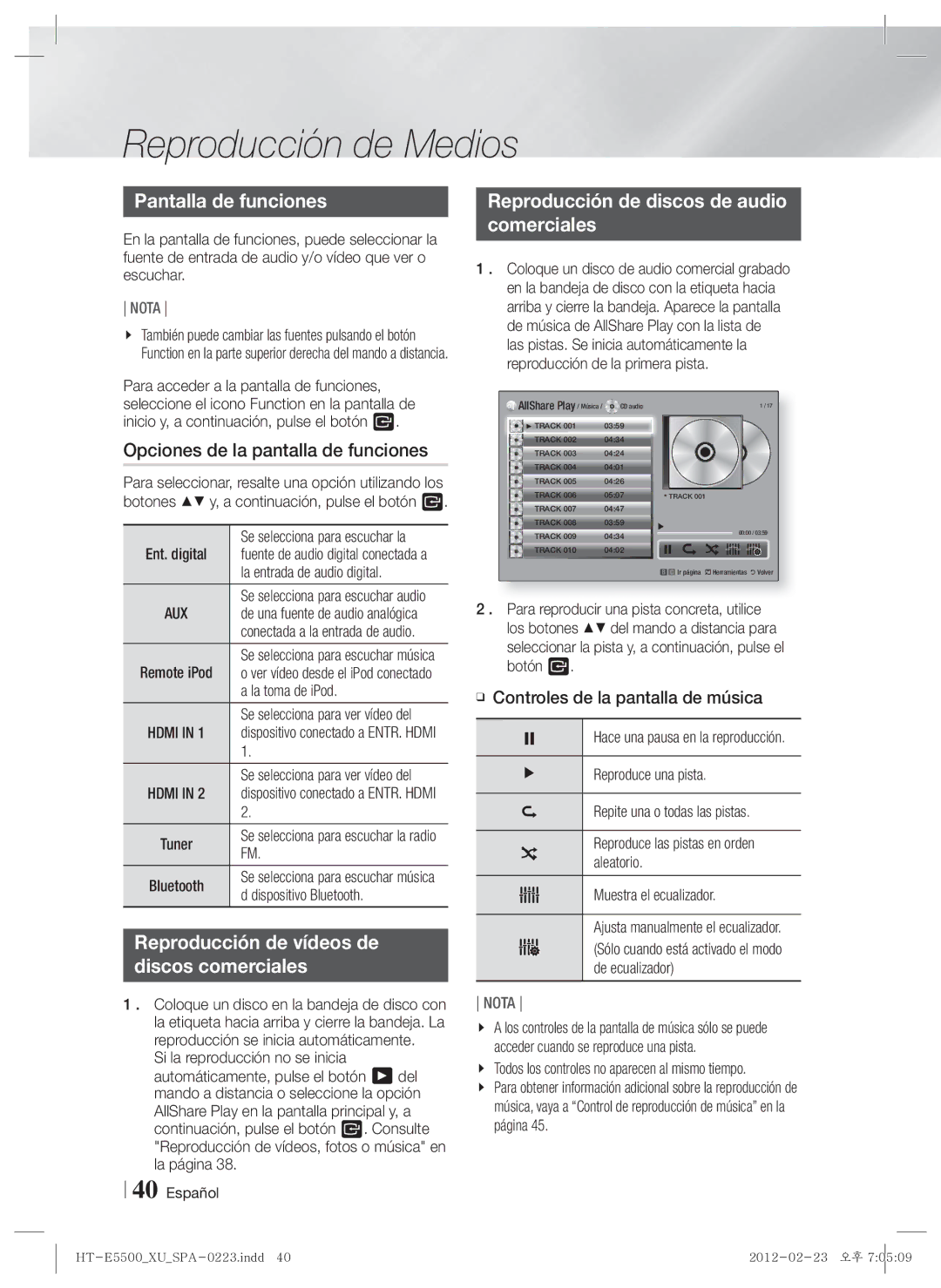 Samsung HT-E5500/ZF manual Pantalla de funciones, Opciones de la pantalla de funciones, Controles de la pantalla de música 