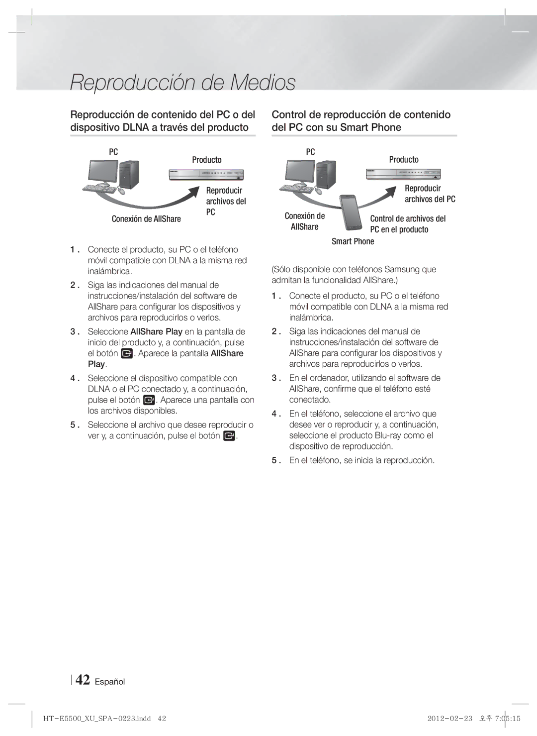 Samsung HT-E5530/ZF manual Producto, Reproducir, PC en el producto, Smart Phone, En el teléfono, se inicia la reproducción 