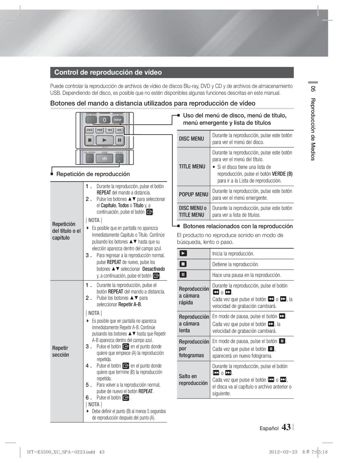 Samsung HT-E5500/ZF, HT-E5550/ZF, HT-E5530/ZF manual Control de reproducción de vídeo 