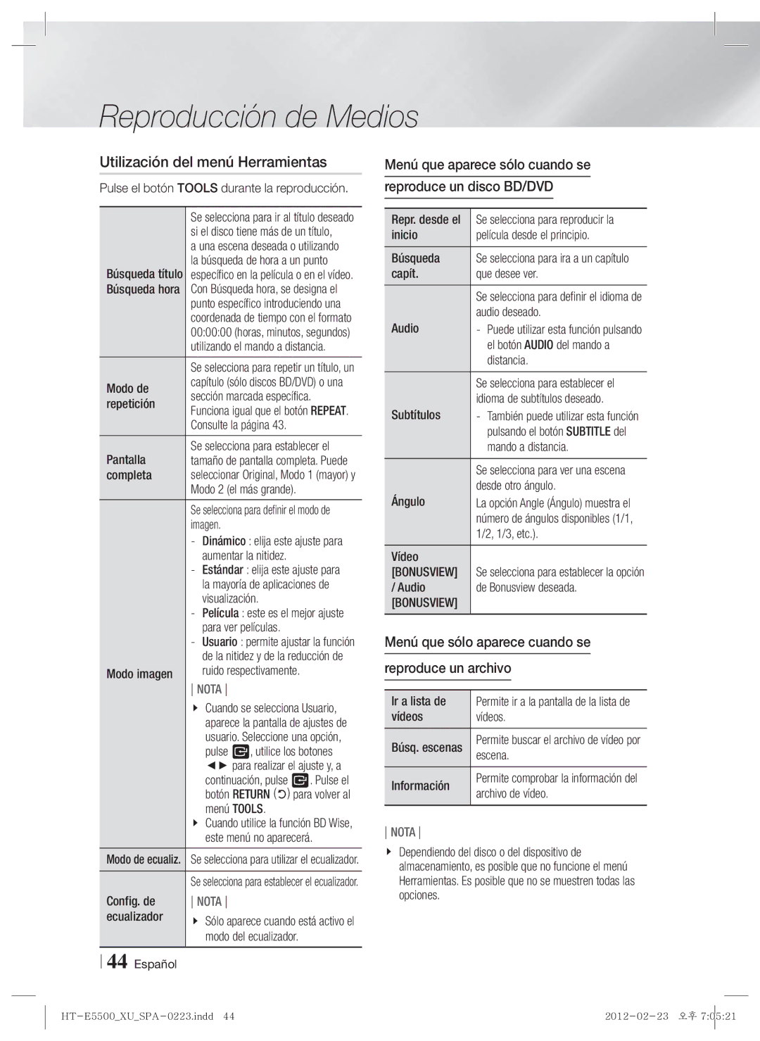 Samsung HT-E5550/ZF manual Utilización del menú Herramientas, Menú que aparece sólo cuando se Reproduce un disco BD/DVD 