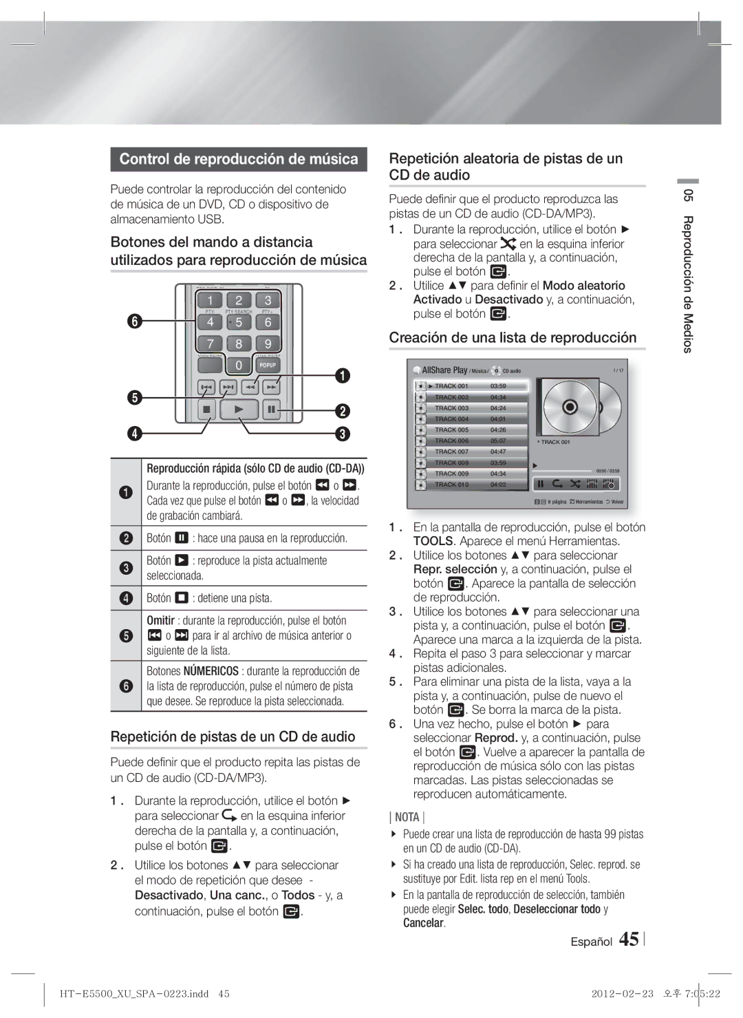 Samsung HT-E5530/ZF, HT-E5550/ZF, HT-E5500/ZF Control de reproducción de música, Repetición de pistas de un CD de audio 