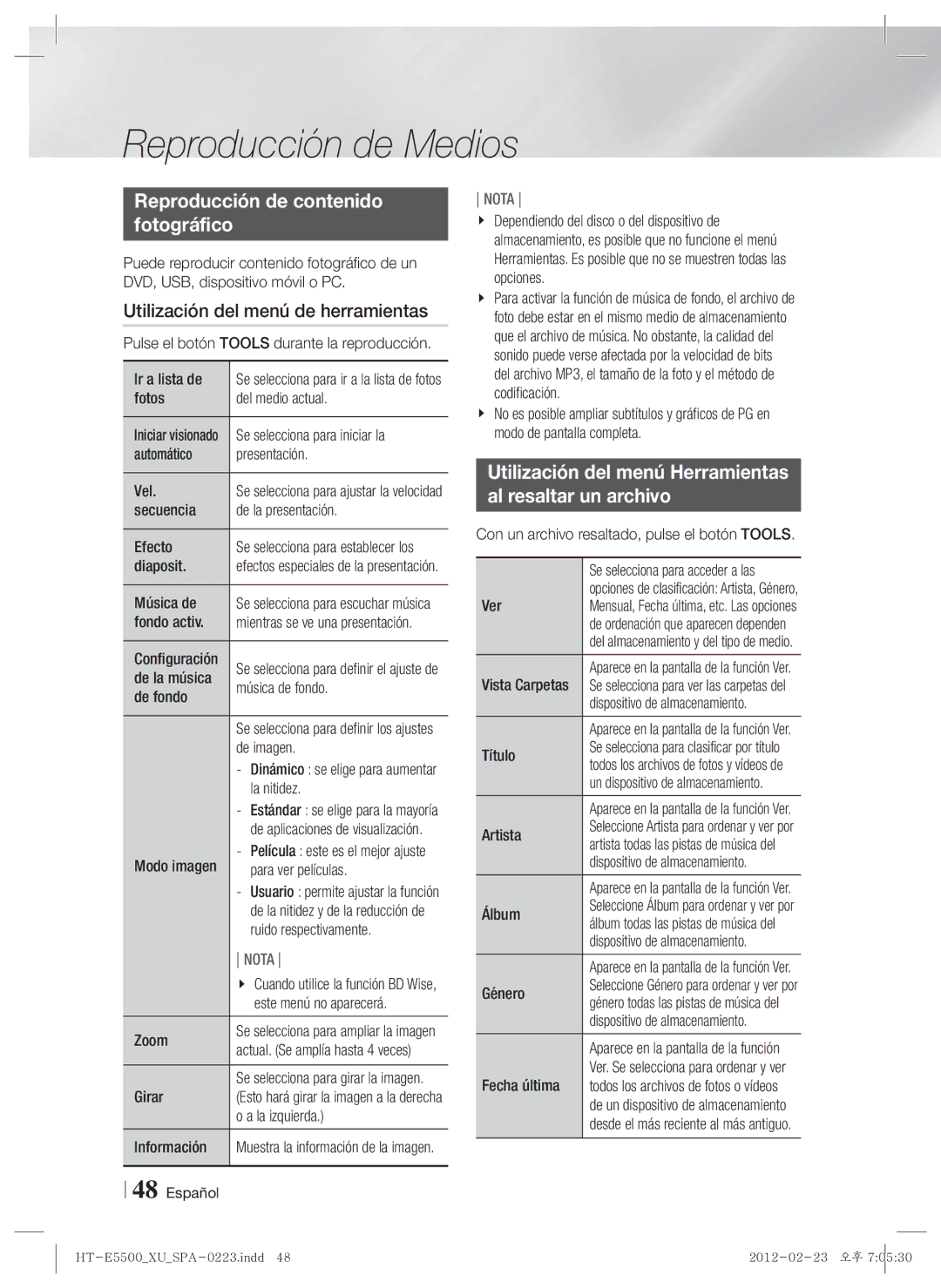 Samsung HT-E5530/ZF, HT-E5550/ZF, HT-E5500/ZF Reproducción de contenido Fotográfico, Utilización del menú de herramientas 