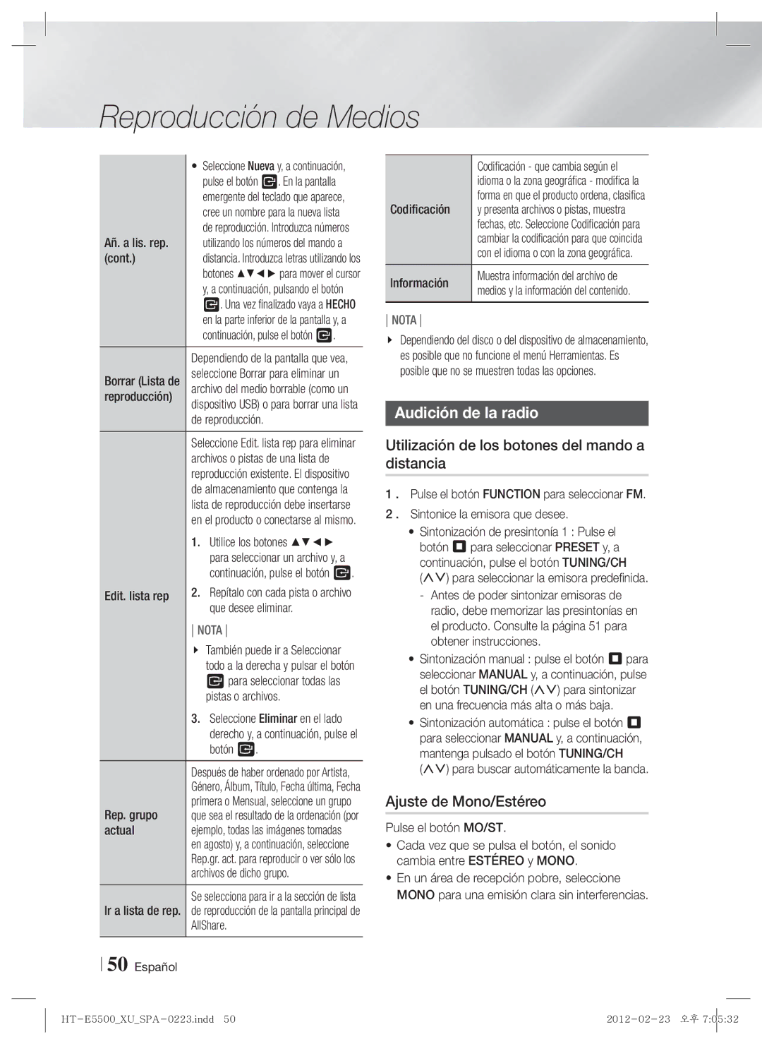 Samsung HT-E5550/ZF manual Audición de la radio, Utilización de los botones del mando a distancia, Ajuste de Mono/Estéreo 