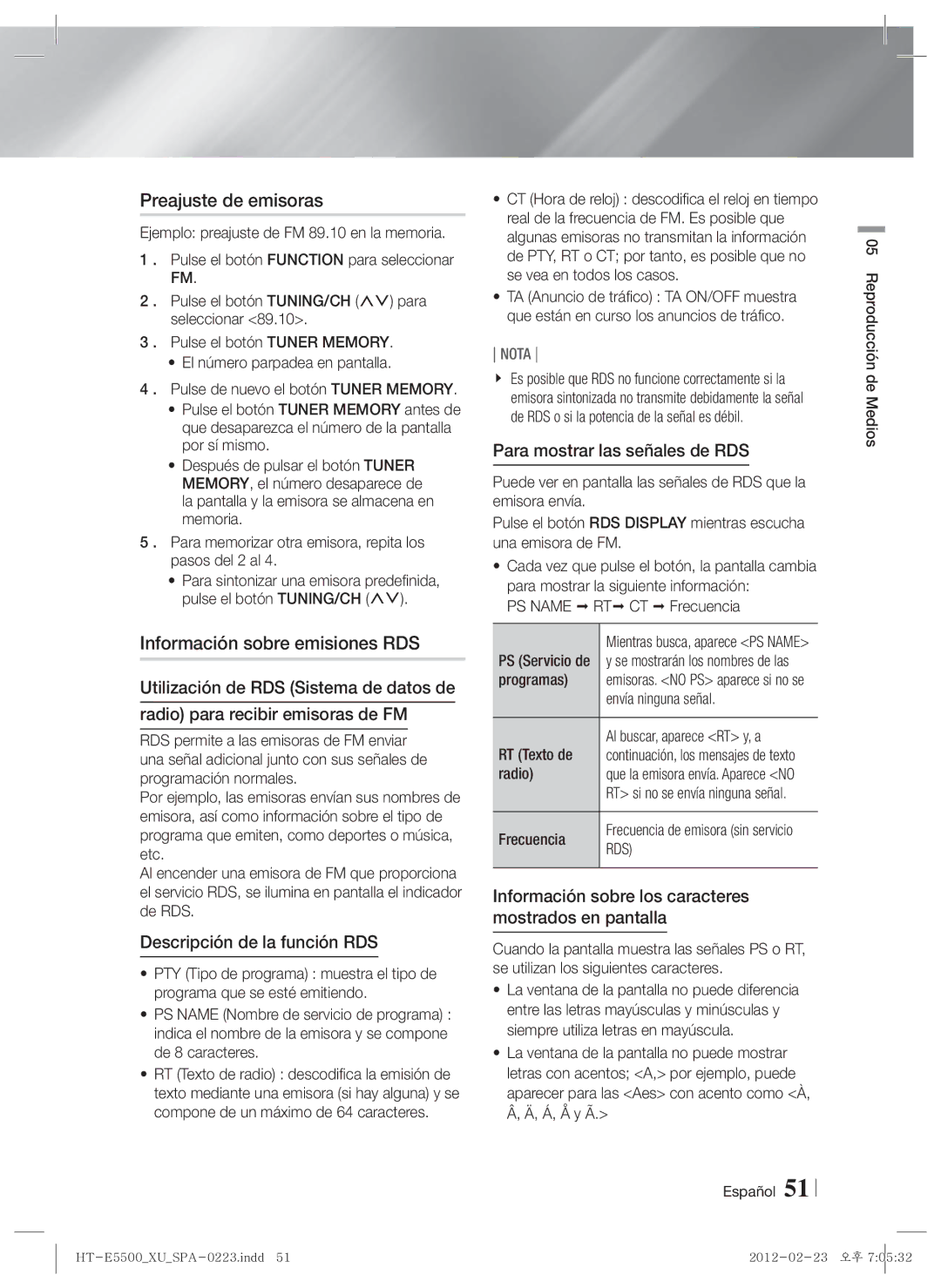 Samsung HT-E5530/ZF, HT-E5550/ZF Preajuste de emisoras, Información sobre emisiones RDS, Descripción de la función RDS 