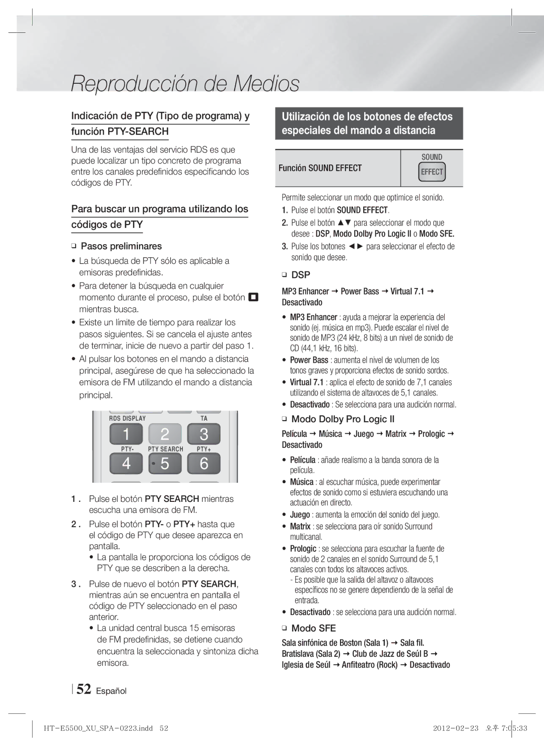 Samsung HT-E5500/ZF, HT-E5550/ZF, HT-E5530/ZF Indicación de PTY Tipo de programa y Función PTY-SEARCH, Función Sound Effect 