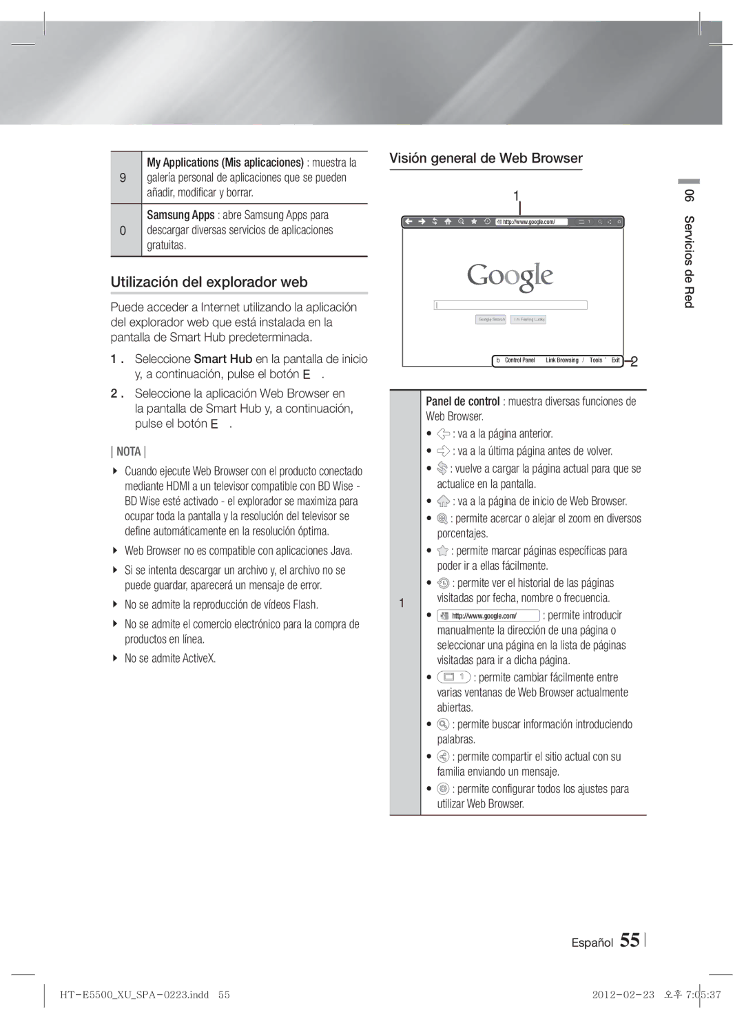 Samsung HT-E5500/ZF, HT-E5550/ZF manual Utilización del explorador web, Web Browser Va a la página anterior, Porcentajes 