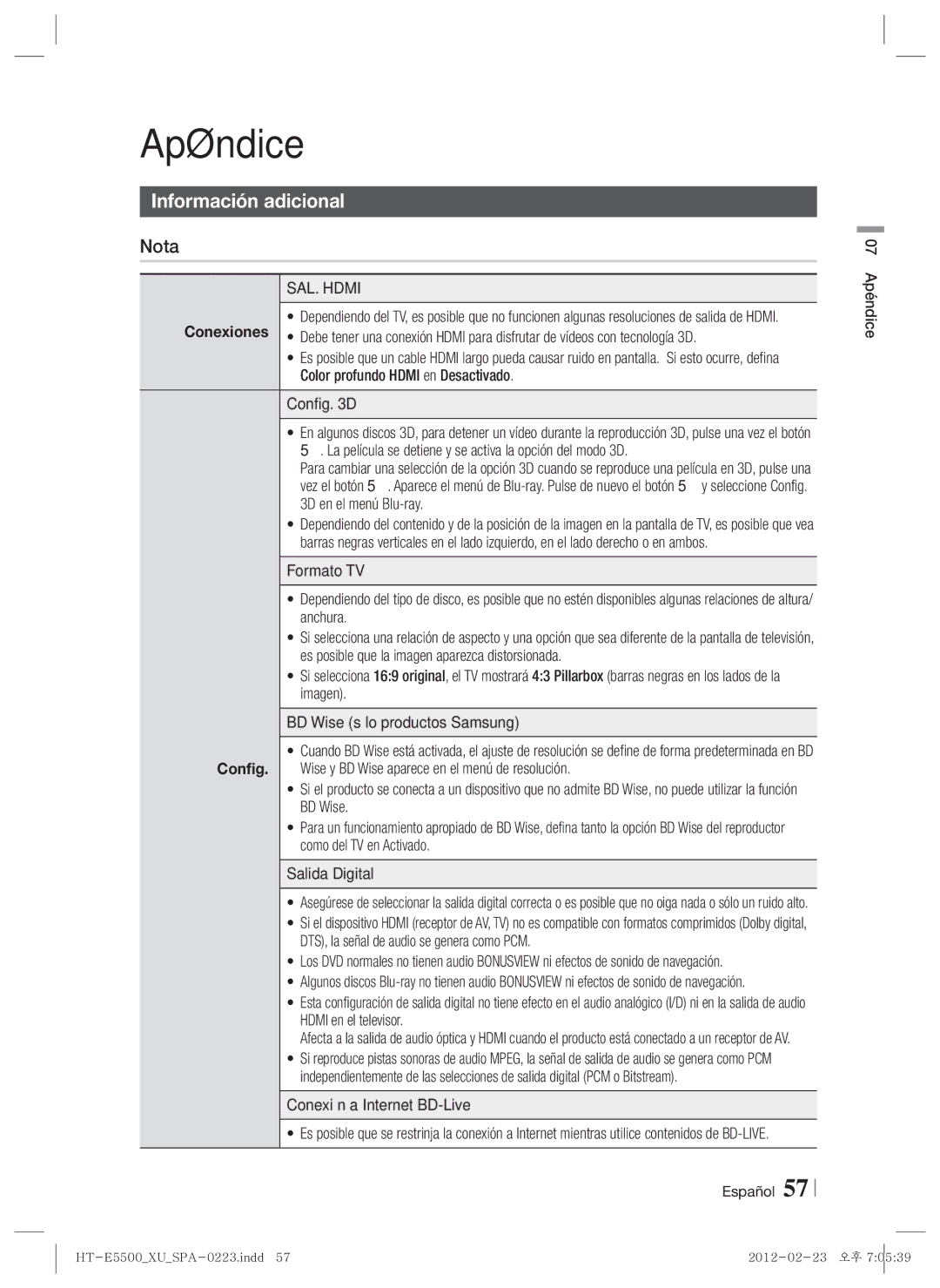 Samsung HT-E5530/ZF, HT-E5550/ZF manual Información adicional, SAL. Hdmi, Conexión a Internet BD-Live, 07 Apéndice 