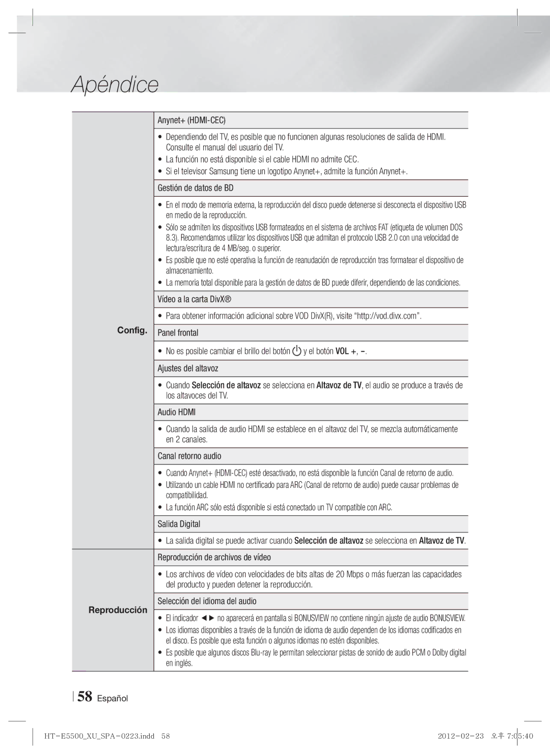 Samsung HT-E5500/ZF, HT-E5550/ZF, HT-E5530/ZF manual Reproducción de archivos de vídeo, Selección del idioma del audio 