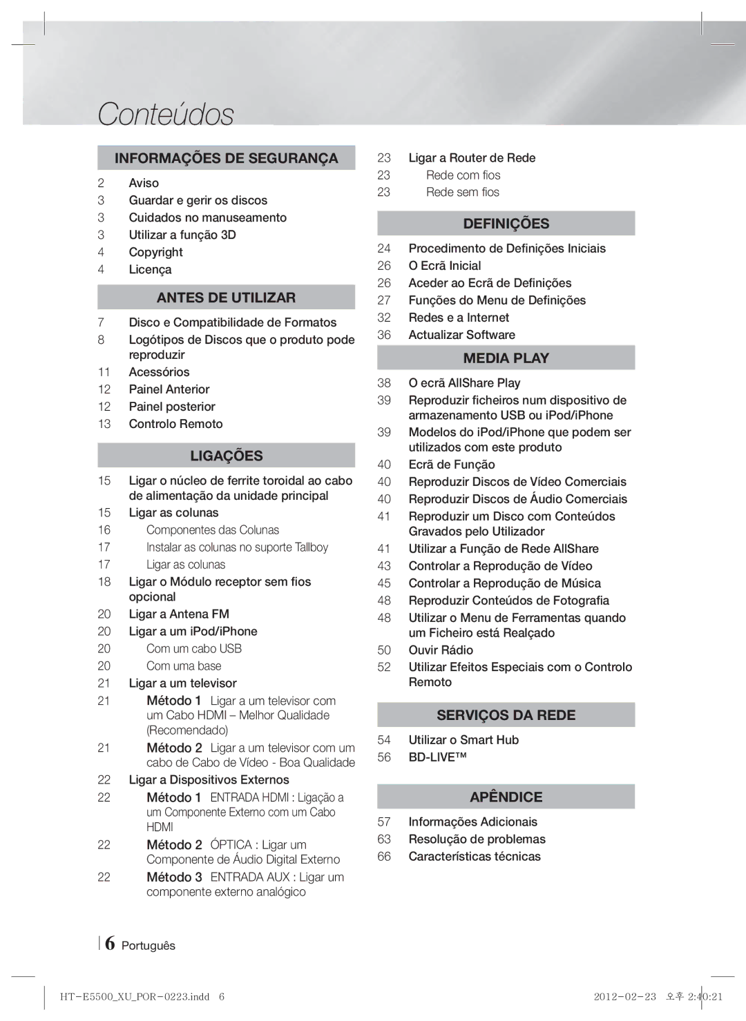 Samsung HT-E5550/ZF manual Conteúdos, Ligar a Dispositivos Externos, Ligar a Router de Rede Rede com fios Rede sem fios 