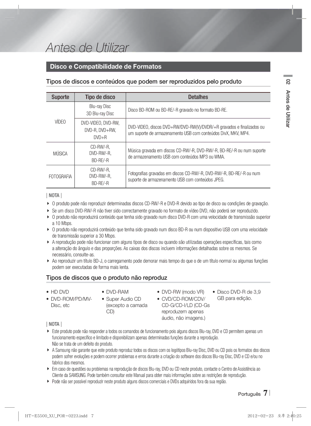 Samsung HT-E5530/ZF Antes de Utilizar, Disco e Compatibilidade de Formatos, Tipos de discos que o produto não reproduz 