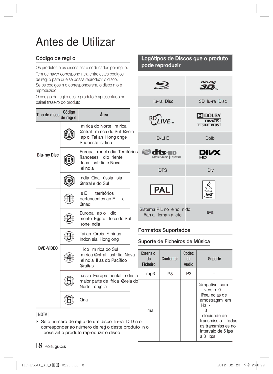 Samsung HT-E5500/ZF, HT-E5550/ZF Código de região, Logótipos de Discos que o produto Pode reproduzir, Formatos Suportados 