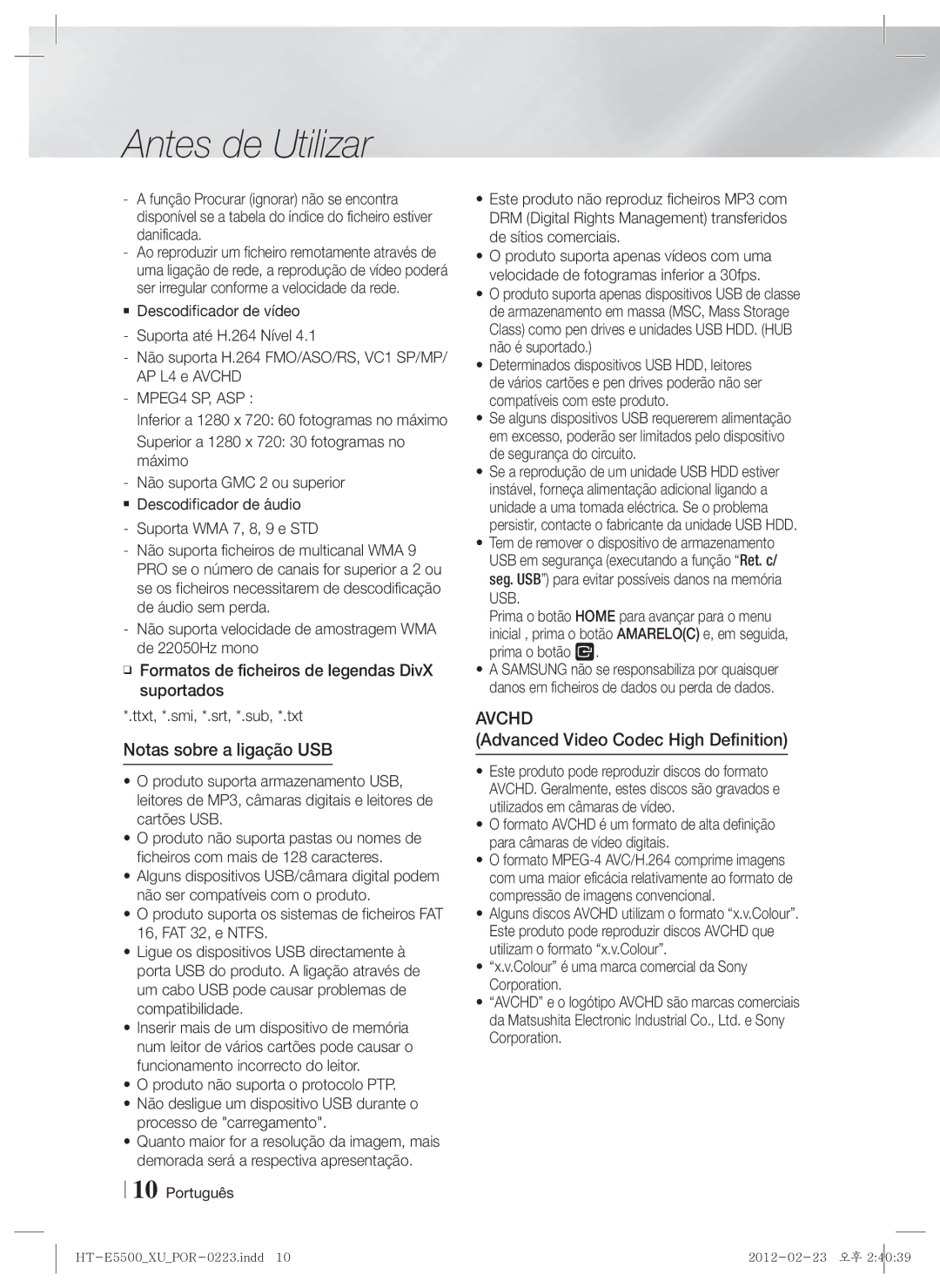 Samsung HT-E5530/ZF, HT-E5550/ZF, HT-E5500/ZF Notas sobre a ligação USB, Colour é uma marca comercial da Sony Corporation 